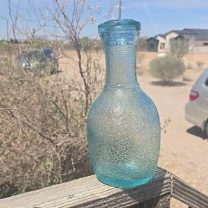 1930s Refrigerator Glass Water Bottle  Lidde Blue Textured Glass Vase - Flaw